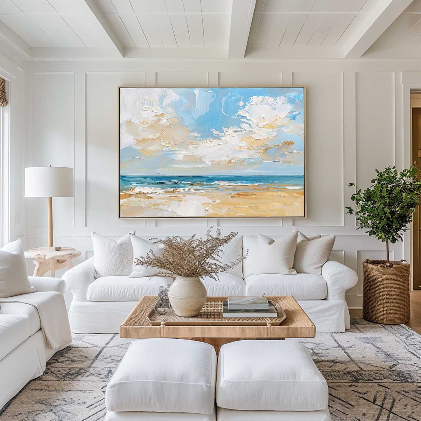 Tranquil Beach Painting with Serene Blue Sky and Gentle Waves