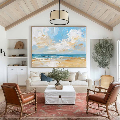 Tranquil Beach Painting with Serene Blue Sky and Gentle Waves