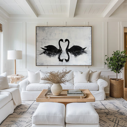 Elegant Black Swans Reflecting on Serene Water - Modern Abstract Oil Painting