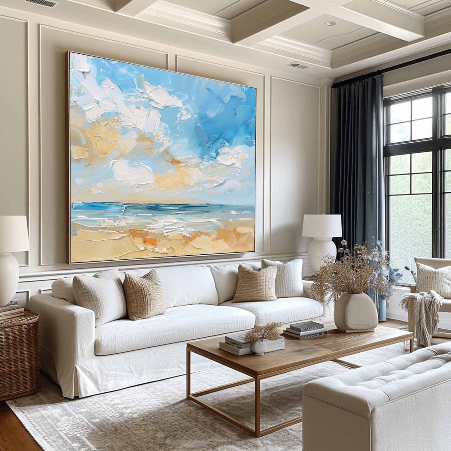 Vibrant Coastal Beach Scene Oil Painting with Lush Skies and Serene Waters