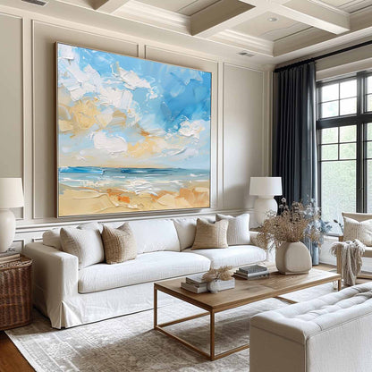 Vibrant Coastal Beach Scene Oil Painting with Lush Skies and Serene Waters