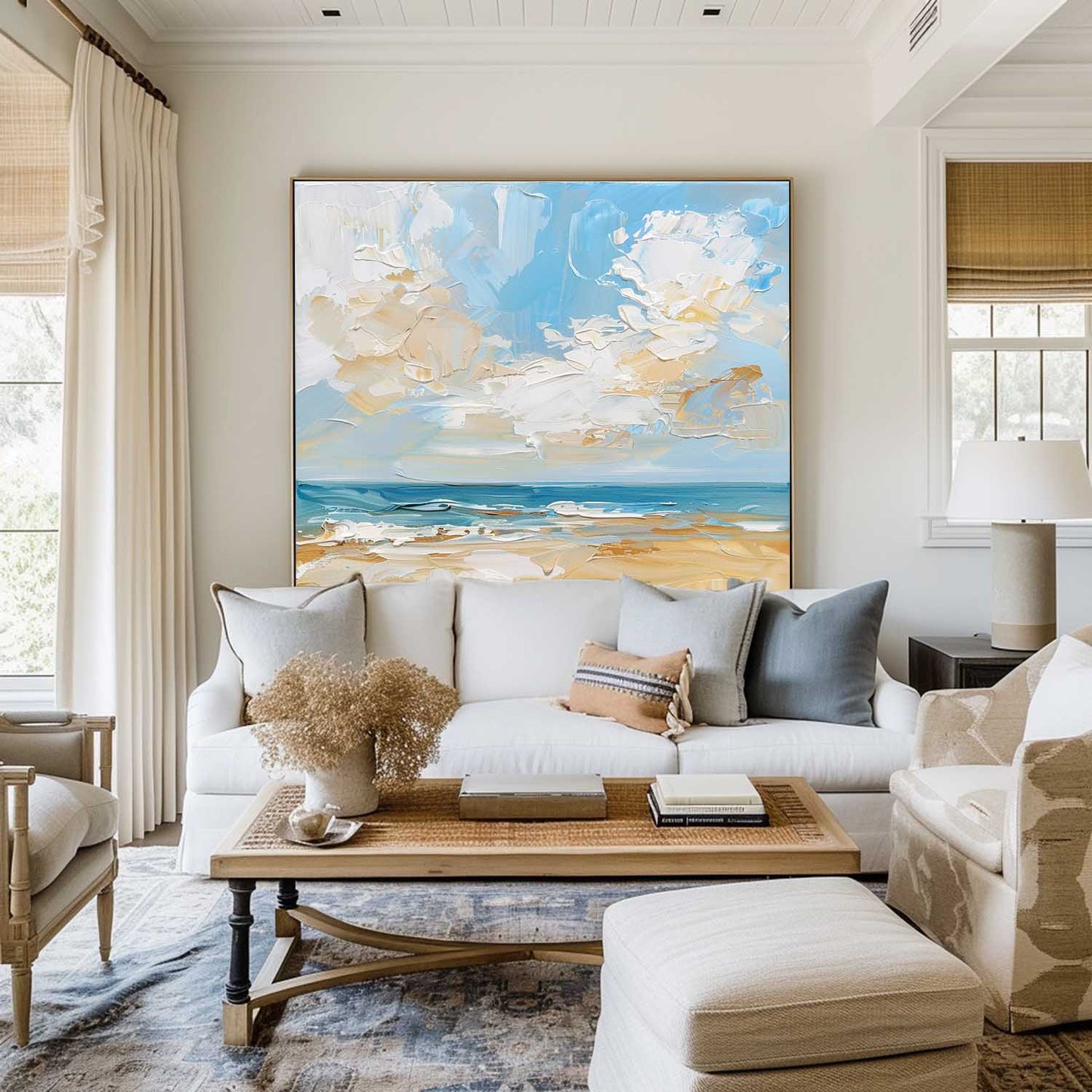 Tranquil Beach Painting with Serene Blue Sky and Gentle Waves