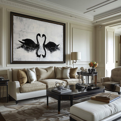 Elegant Black Swans Reflecting on Serene Water - Modern Abstract Oil Painting