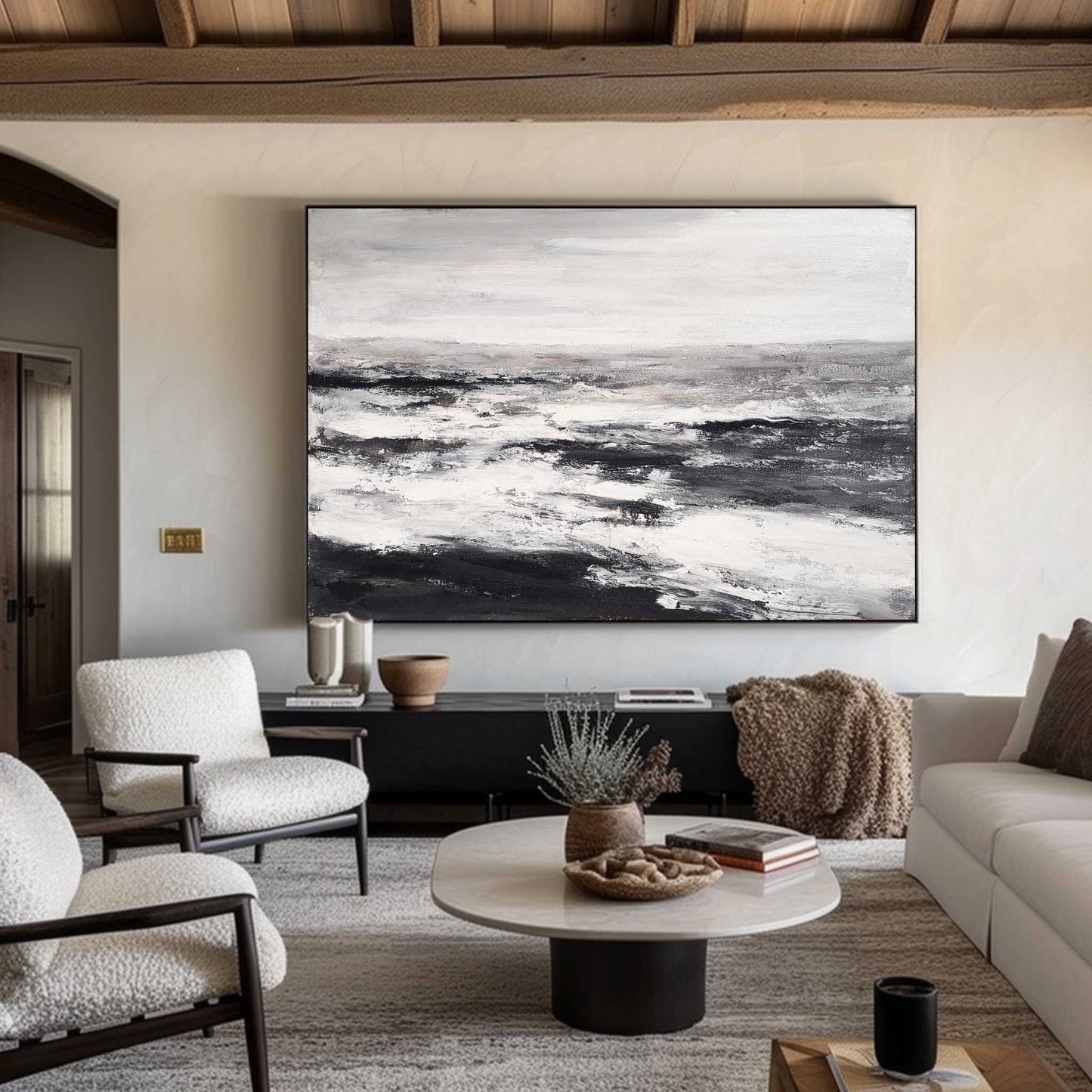 Monochrome Coastal Serenity: Abstract Black and White Beach Oil Painting
