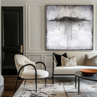 Elegant Black and White Abstract Ocean Landscape Oil Painting for Modern Decor