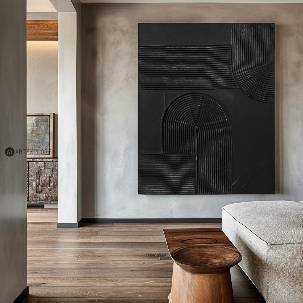 Elegant Black Minimalist Abstract Oil Painting for Modern Home Decor