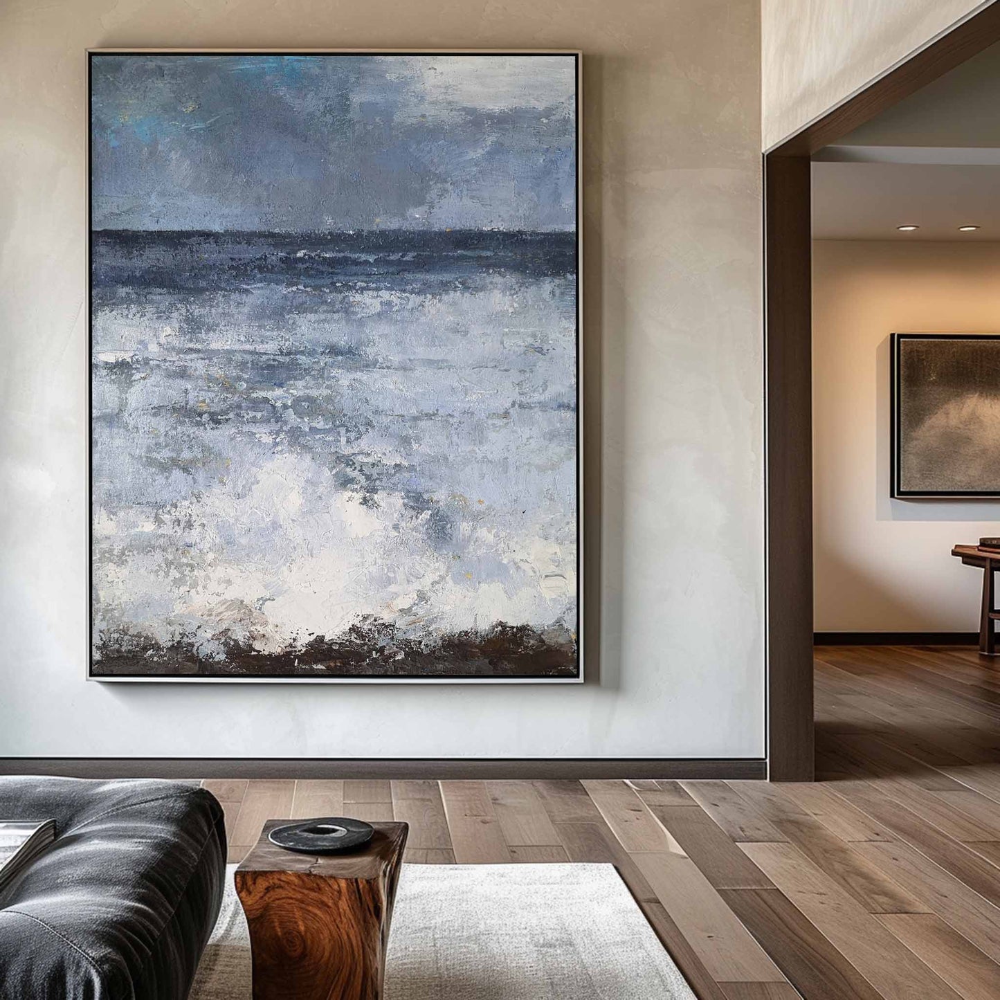 Tranquil Blue Ocean Waves Abstract Oil Painting for Coastal Decor