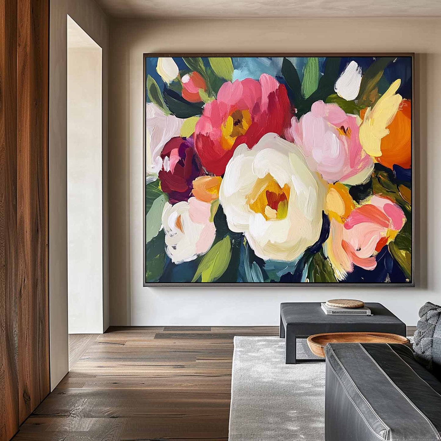Vibrant Floral Oil Painting: Bold Colors and Modern Abstract Art for Home Decor