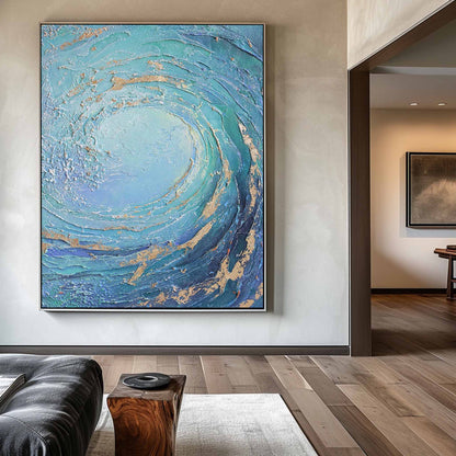 Dynamic Ocean Wave Oil Painting with Turquoise and Gold Accents