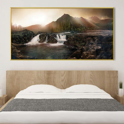 Serene Rocky Hillside Oil Painting with Waterfalls and Mountain Landscape