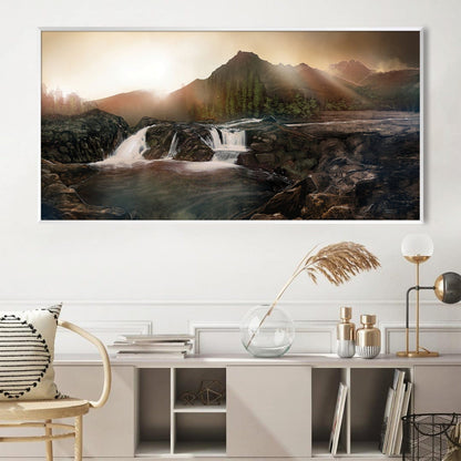 Serene Rocky Hillside Oil Painting with Waterfalls and Mountain Landscape