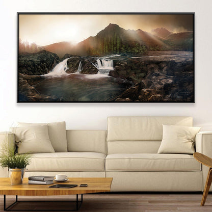 Serene Rocky Hillside Oil Painting with Waterfalls and Mountain Landscape