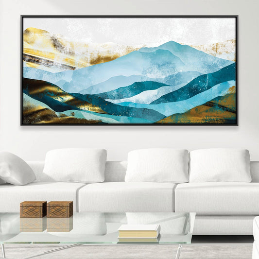 Serene Mountain Landscape in Shades of Blue and Gold Oil Painting for Modern Decor