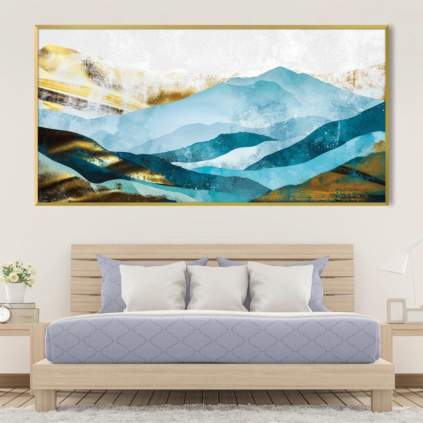 Serene Mountain Landscape in Shades of Blue and Gold Oil Painting for Modern Decor