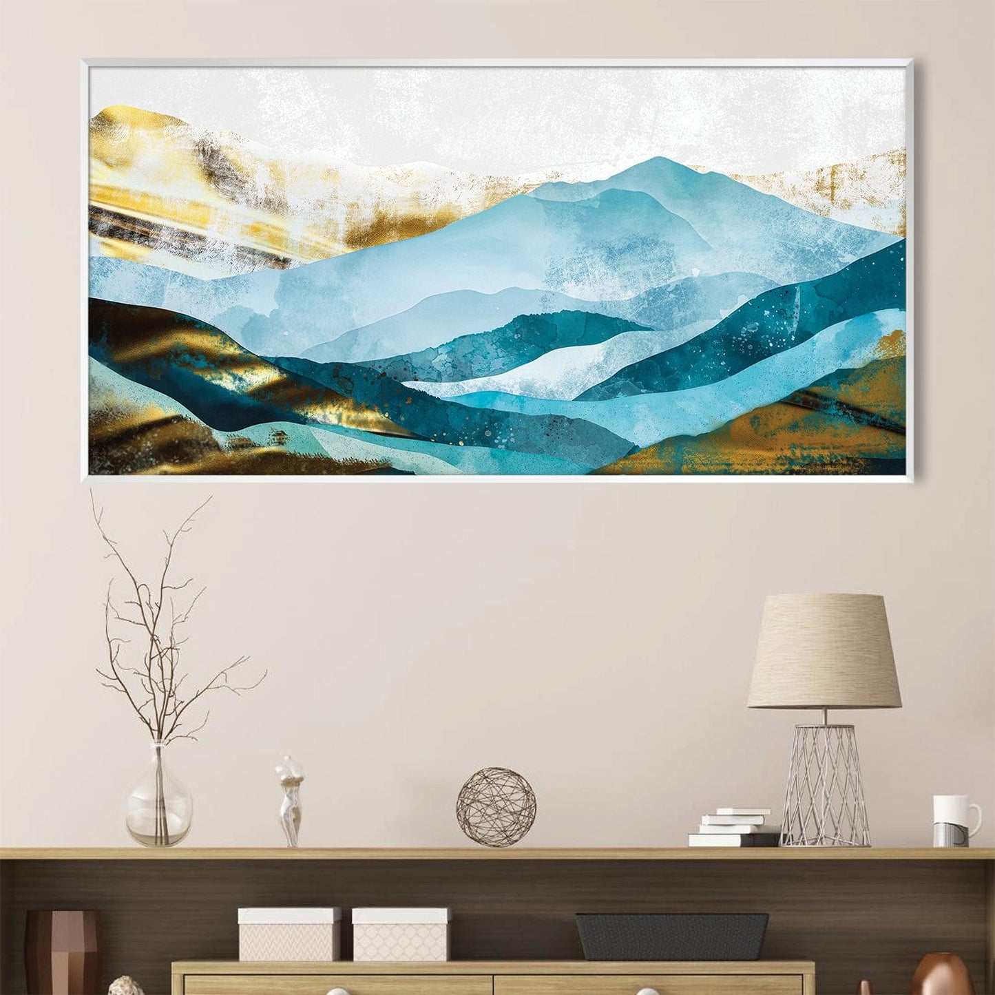 Serene Mountain Landscape in Shades of Blue and Gold Oil Painting for Modern Decor