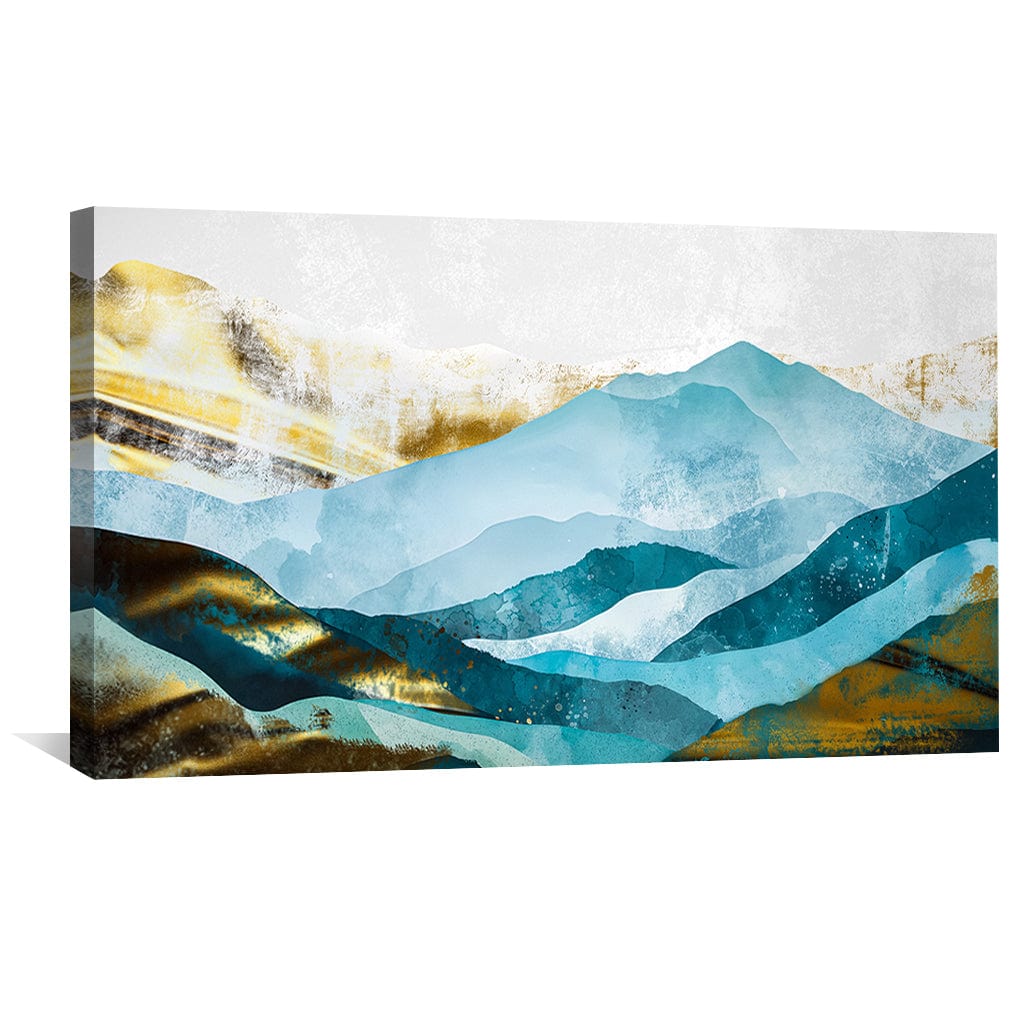 Serene Mountain Landscape in Shades of Blue and Gold Oil Painting for Modern Decor