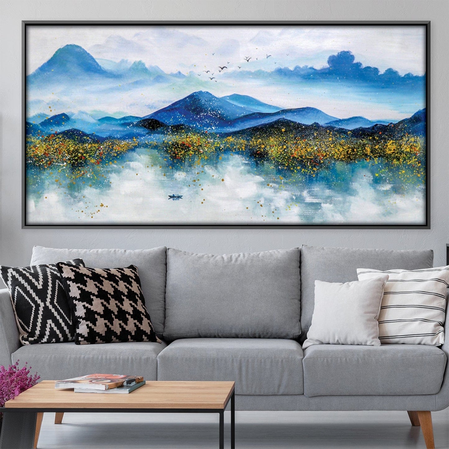 Serene Mountain Landscape Oil Painting with Blue Hues and Golden Accents