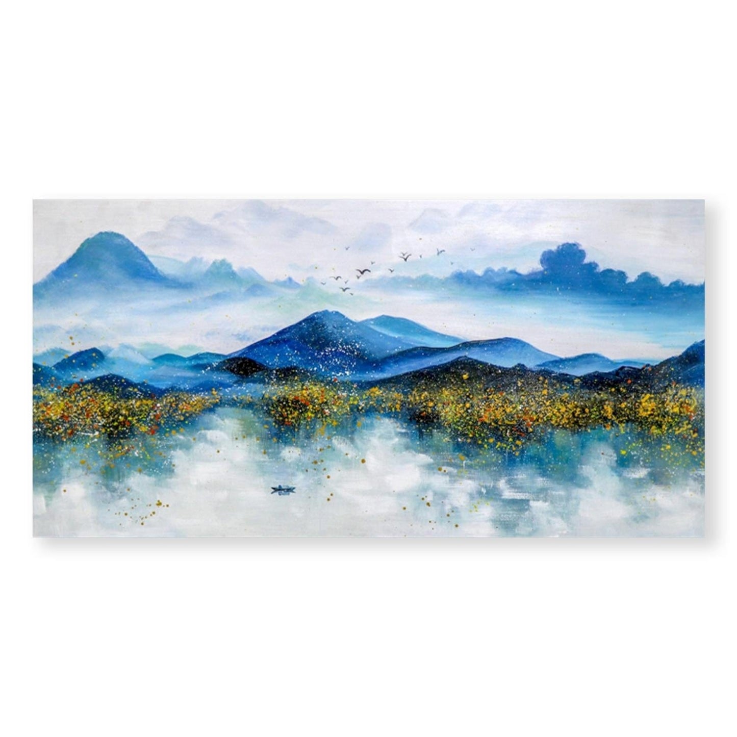 Serene Mountain Landscape Oil Painting with Blue Hues and Golden Accents