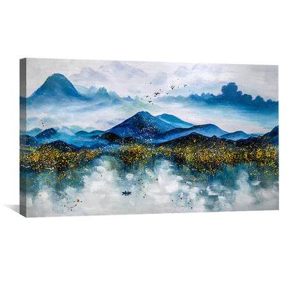 Serene Mountain Landscape Oil Painting with Blue Hues and Golden Accents