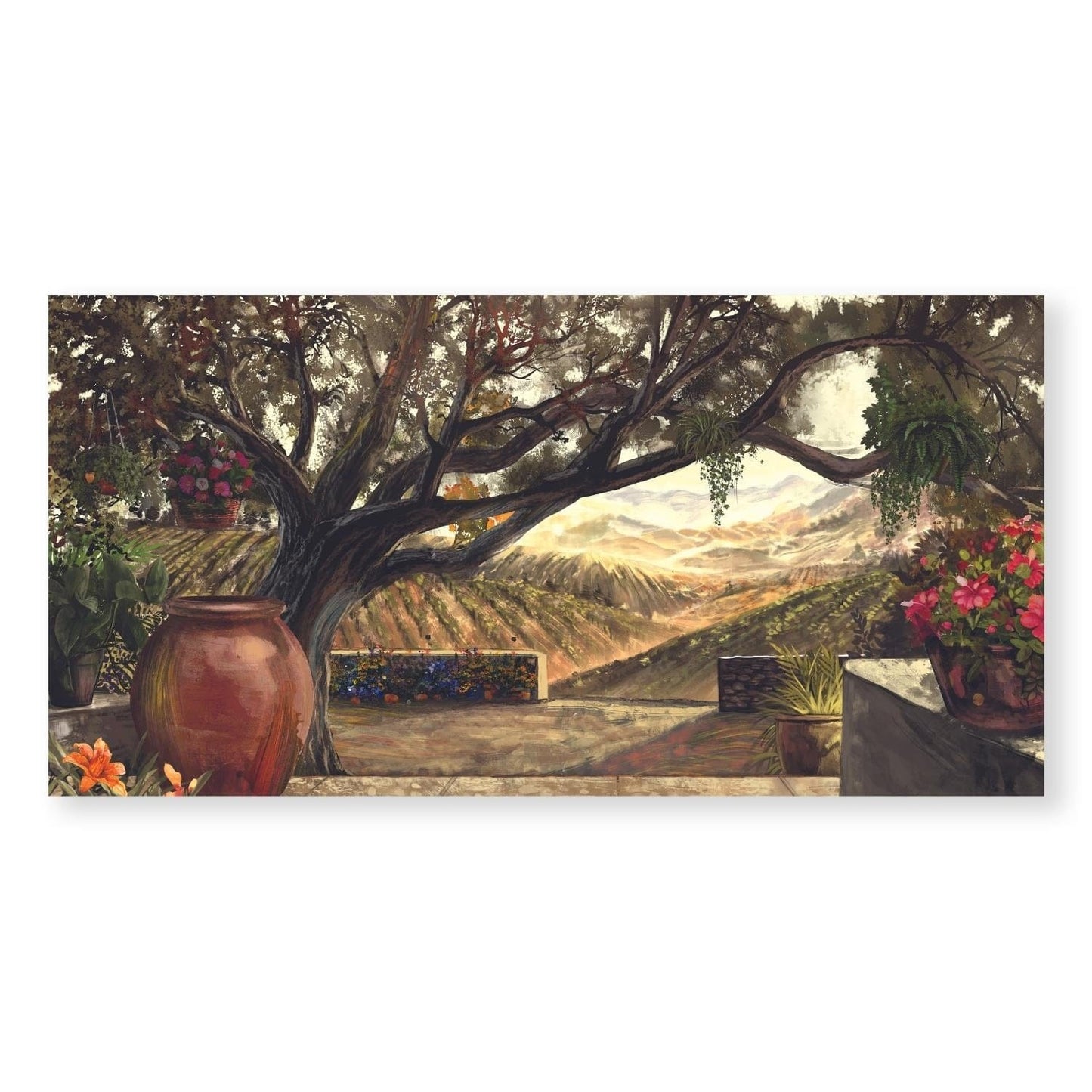 Serene Landscape Oil Painting with Tranquil Tree and Vibrant Floral Accents