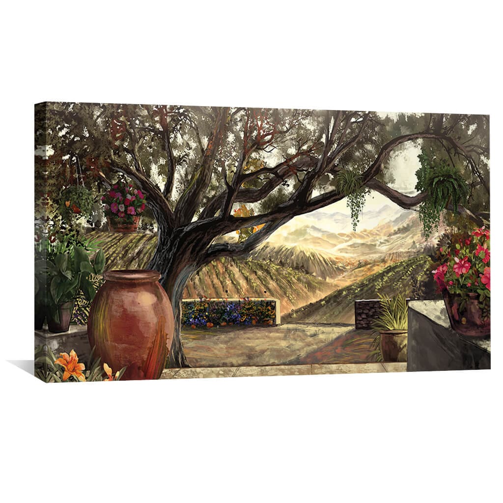 Serene Landscape Oil Painting with Tranquil Tree and Vibrant Floral Accents
