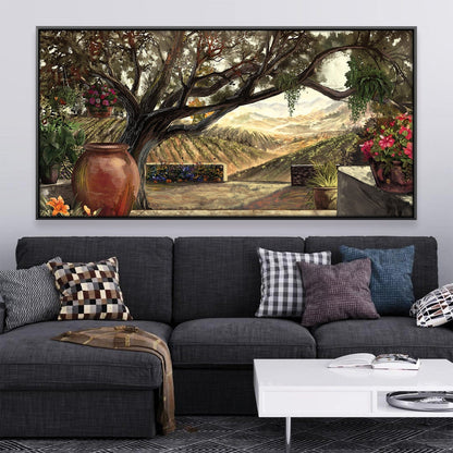Serene Landscape Oil Painting with Tranquil Tree and Vibrant Floral Accents