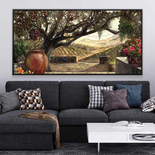 Serene Landscape Oil Painting with Tranquil Tree and Vibrant Floral Accents