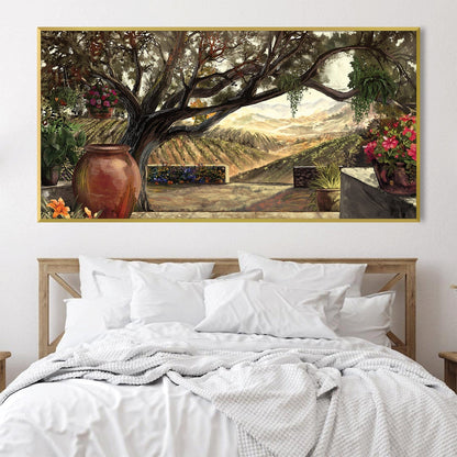 Serene Landscape Oil Painting with Tranquil Tree and Vibrant Floral Accents