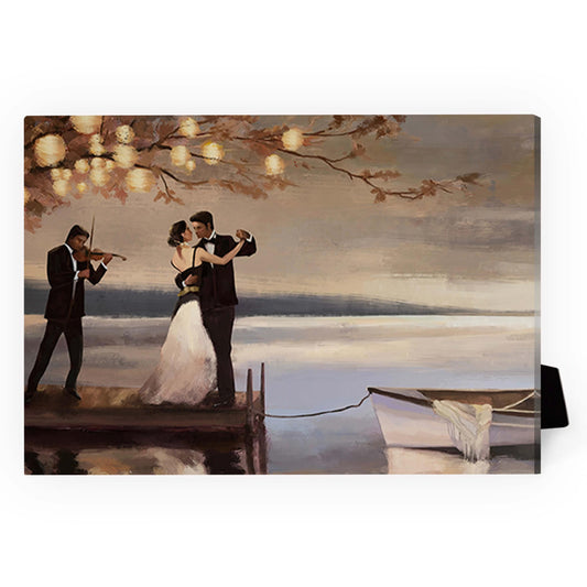 Romantic Evening by the Water with Dancing Couple and Musician Oil Painting