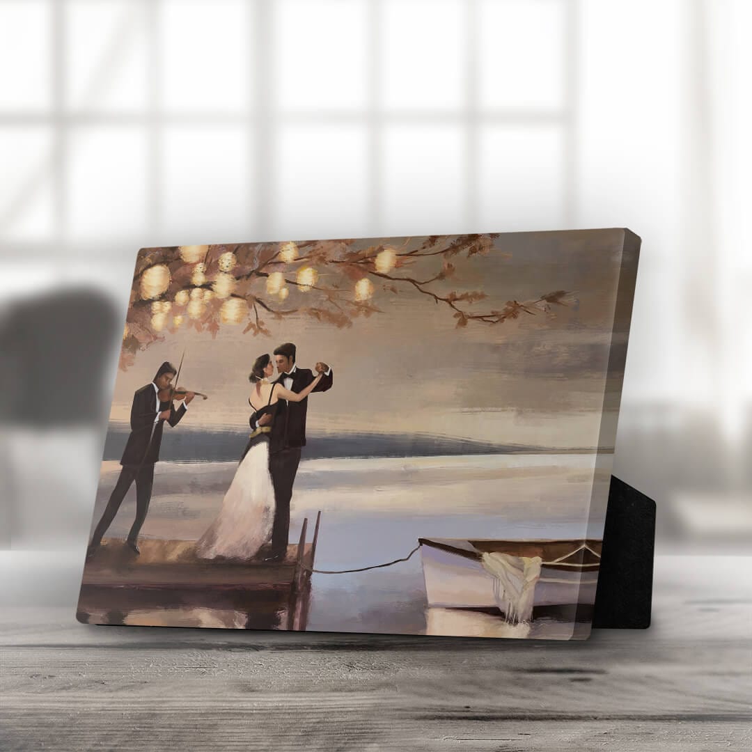 Romantic Evening by the Water with Dancing Couple and Musician Oil Painting
