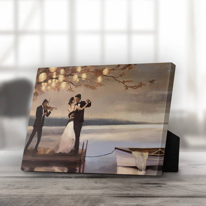 Romantic Evening by the Water with Dancing Couple and Musician Oil Painting