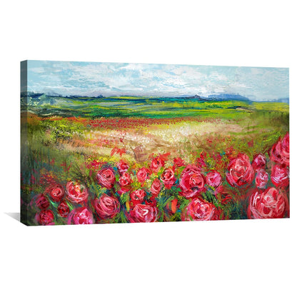 Vibrant Rose Meadow Landscape Oil Painting for Home Decor