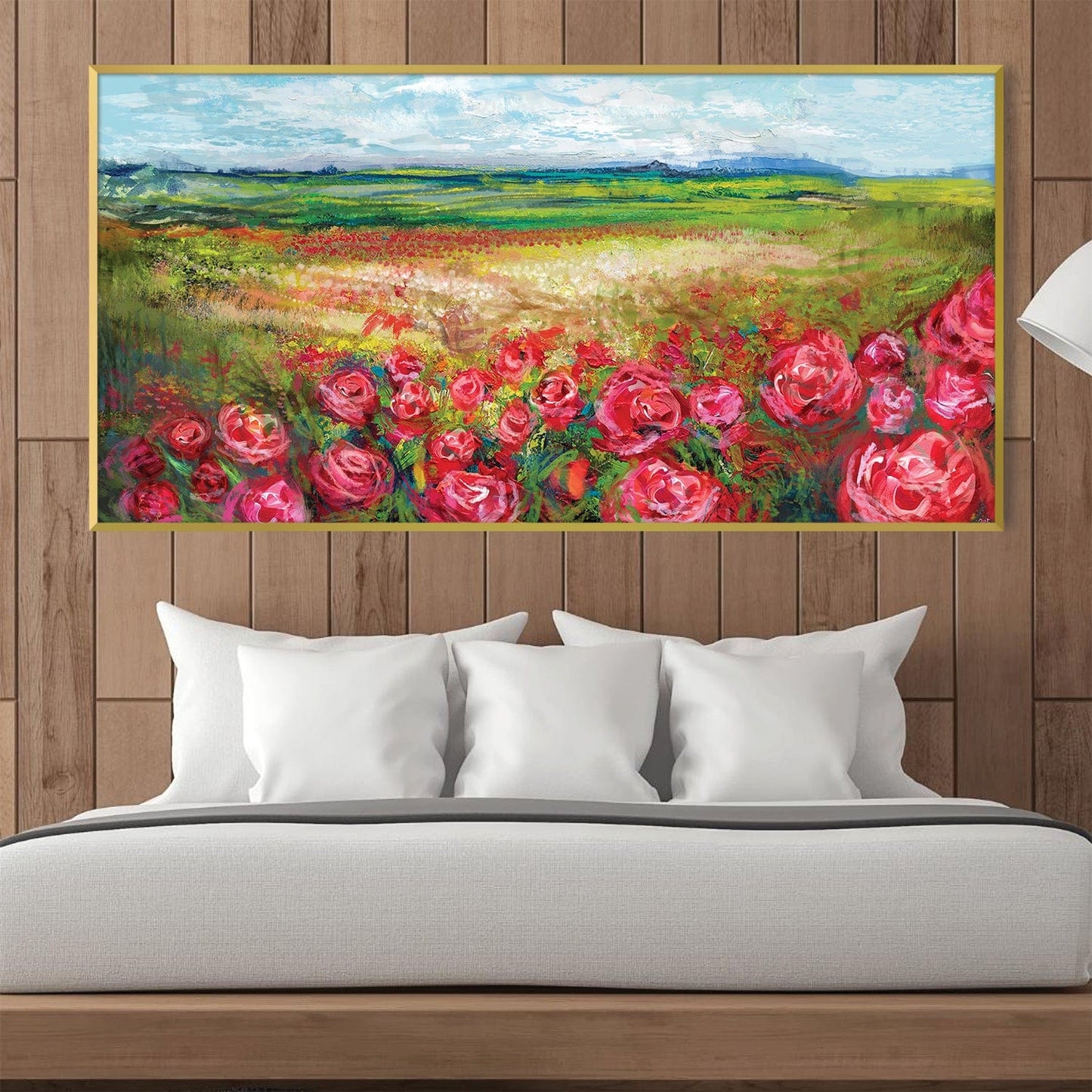 Vibrant Rose Meadow Landscape Oil Painting for Home Decor