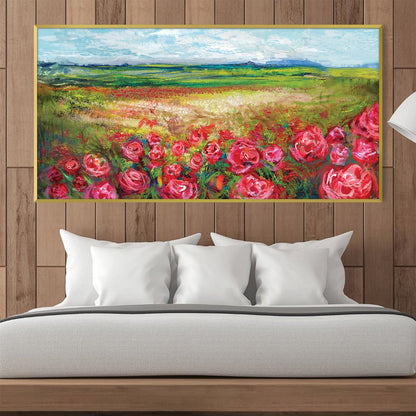 Vibrant Rose Meadow Landscape Oil Painting for Home Decor