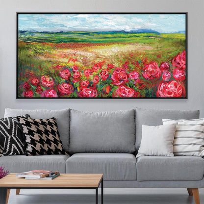 Vibrant Rose Meadow Landscape Oil Painting for Home Decor