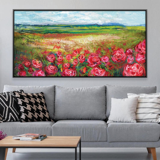 Vibrant Rose Meadow Landscape Oil Painting for Home Decor