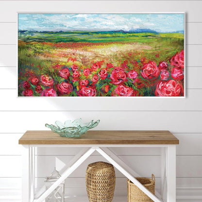Vibrant Rose Meadow Landscape Oil Painting for Home Decor