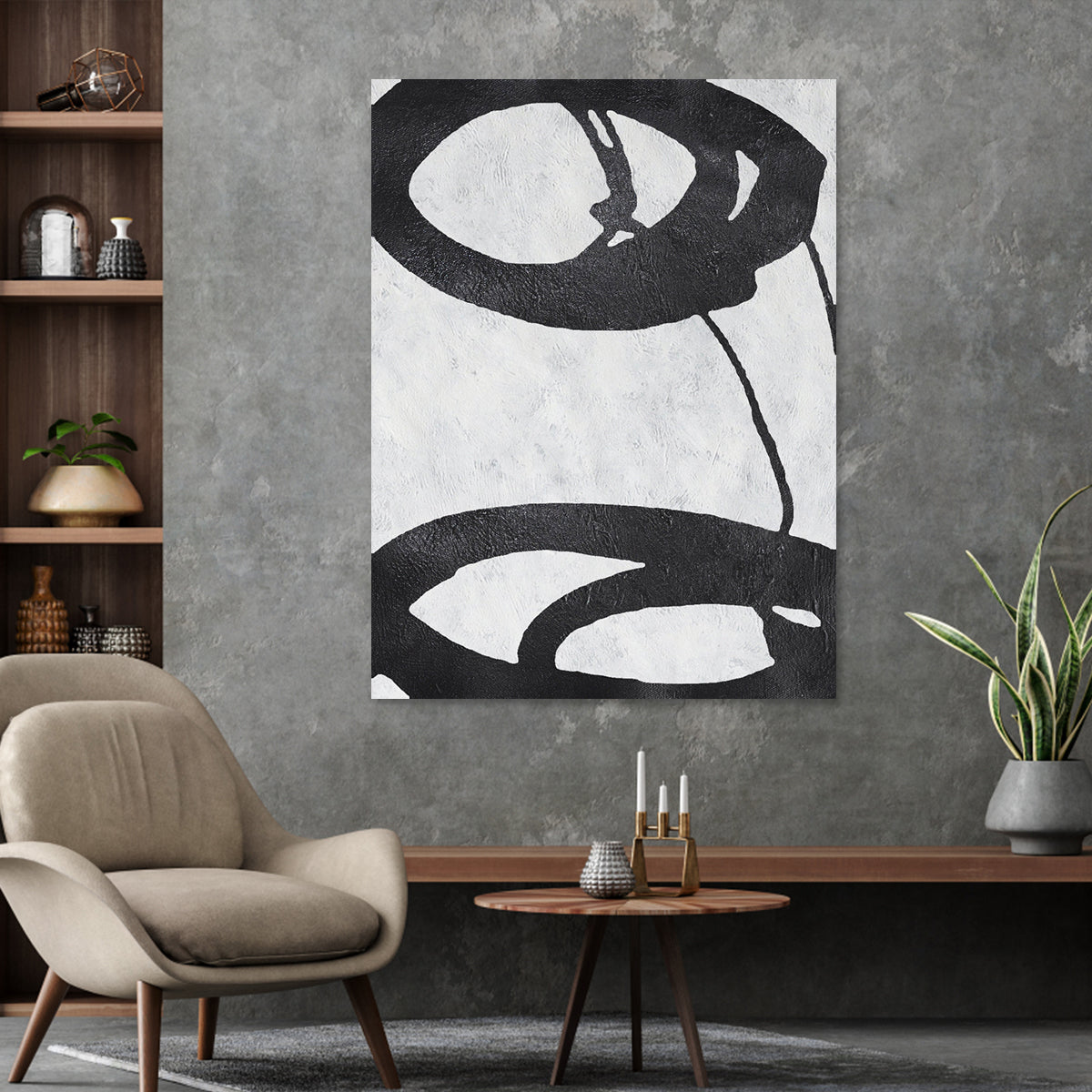 Abstract Black and White Circles Oil Painting for Modern Home Decor