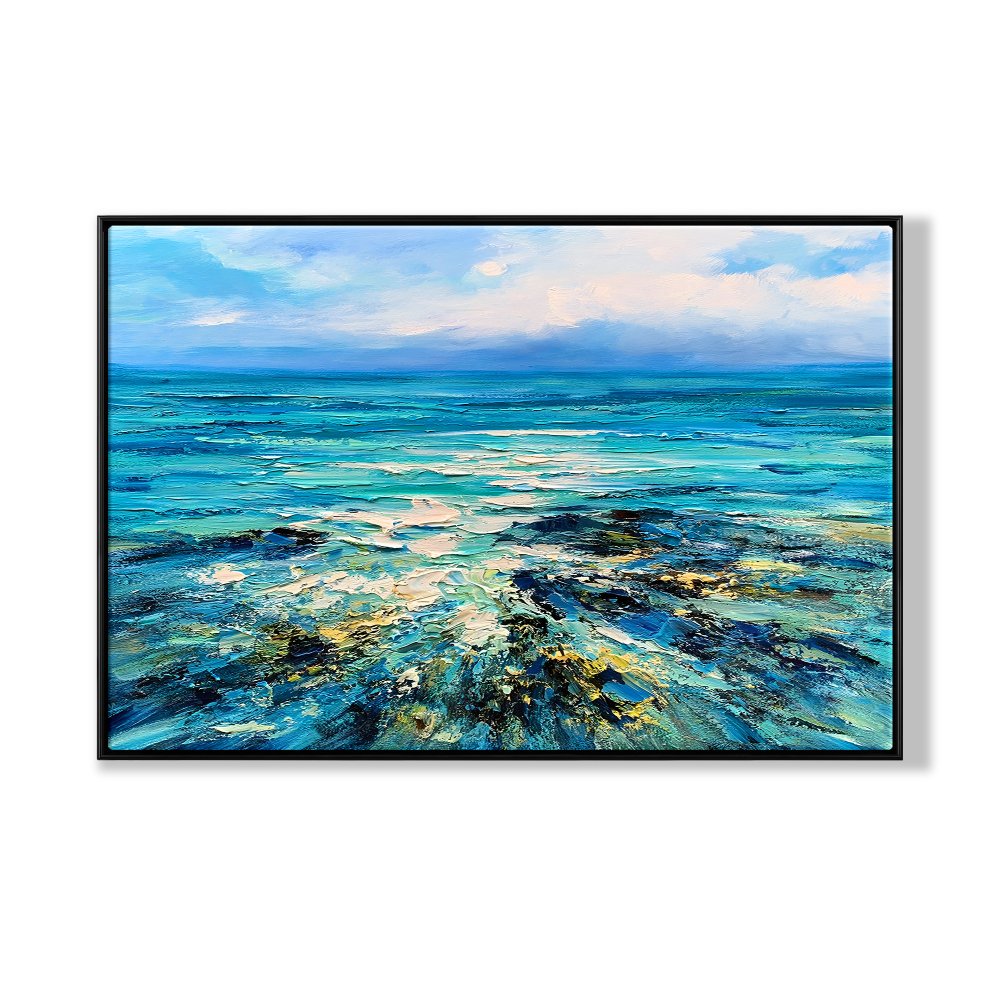 Serene Ocean View: Vibrant Oil Painting of Rugged Reefs and Turquoise Waters