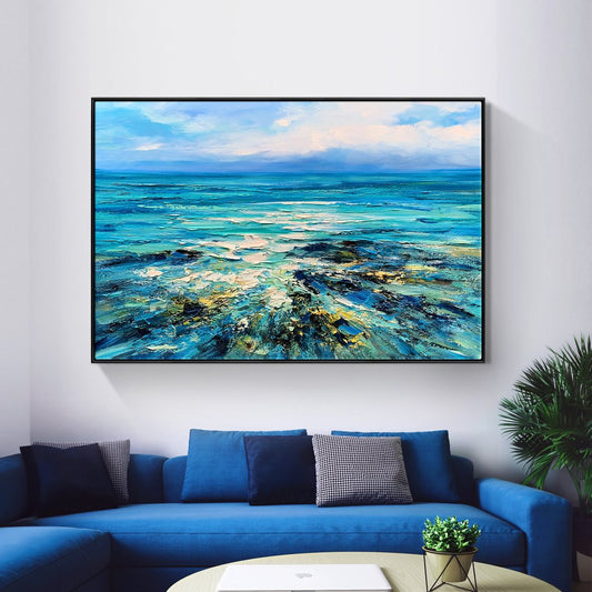 Serene Ocean View: Vibrant Oil Painting of Rugged Reefs and Turquoise Waters