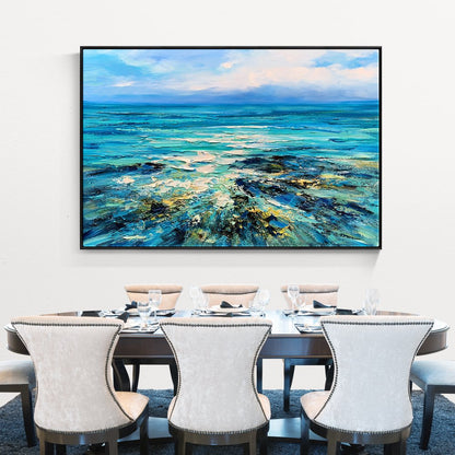 Serene Ocean View: Vibrant Oil Painting of Rugged Reefs and Turquoise Waters