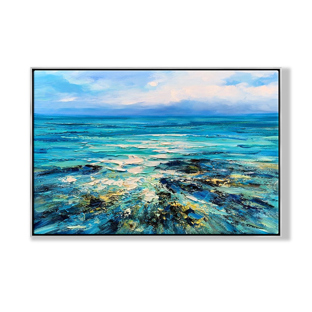 Serene Ocean View: Vibrant Oil Painting of Rugged Reefs and Turquoise Waters