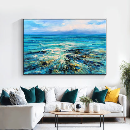 Serene Ocean View: Vibrant Oil Painting of Rugged Reefs and Turquoise Waters