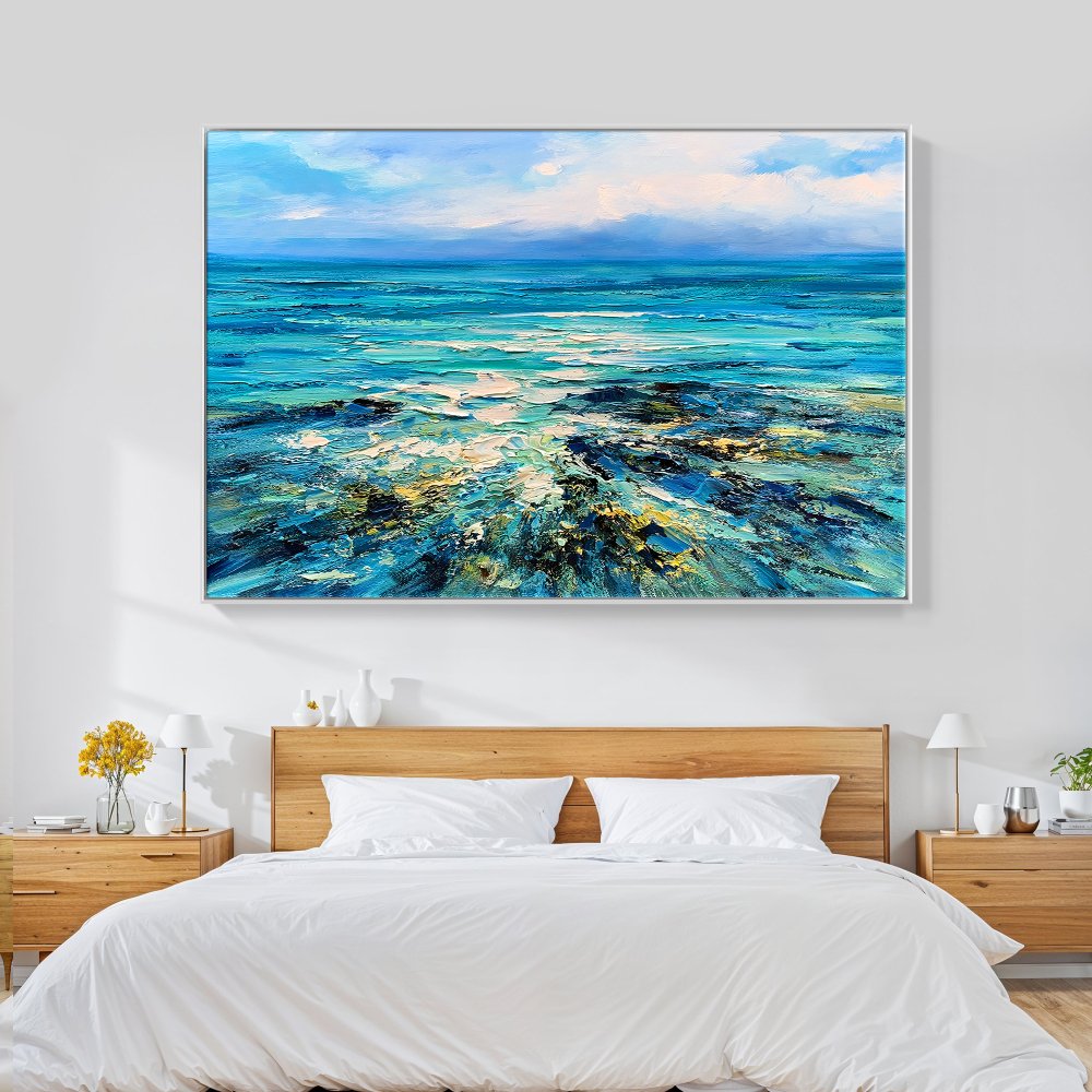 Serene Ocean View: Vibrant Oil Painting of Rugged Reefs and Turquoise Waters