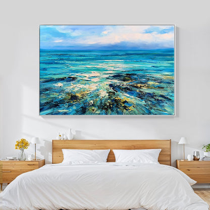 Serene Ocean View: Vibrant Oil Painting of Rugged Reefs and Turquoise Waters