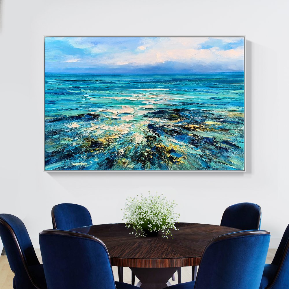 Serene Ocean View: Vibrant Oil Painting of Rugged Reefs and Turquoise Waters