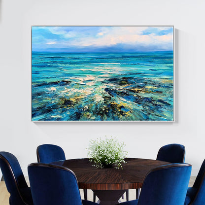 Serene Ocean View: Vibrant Oil Painting of Rugged Reefs and Turquoise Waters