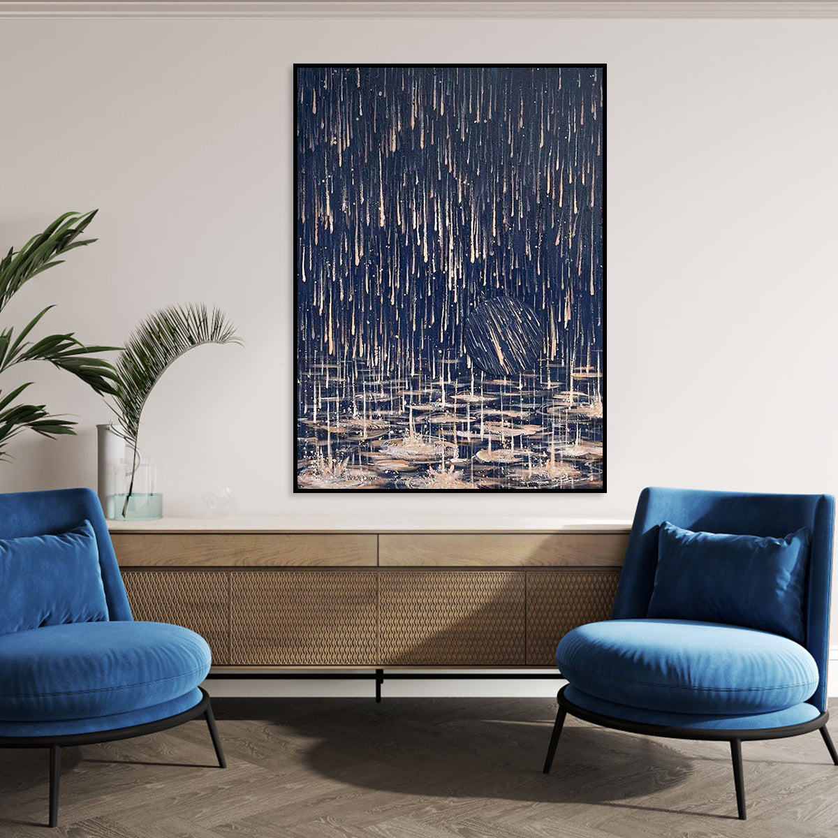 Serene Water Dance: Expressive Oil Painting of Raindrops and Lilies