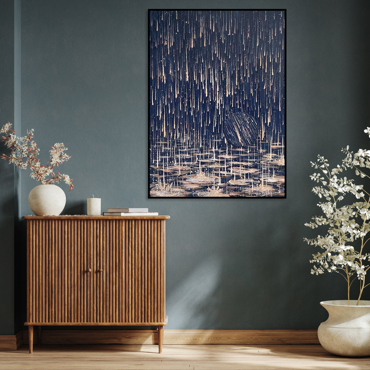 Serene Water Dance: Expressive Oil Painting of Raindrops and Lilies