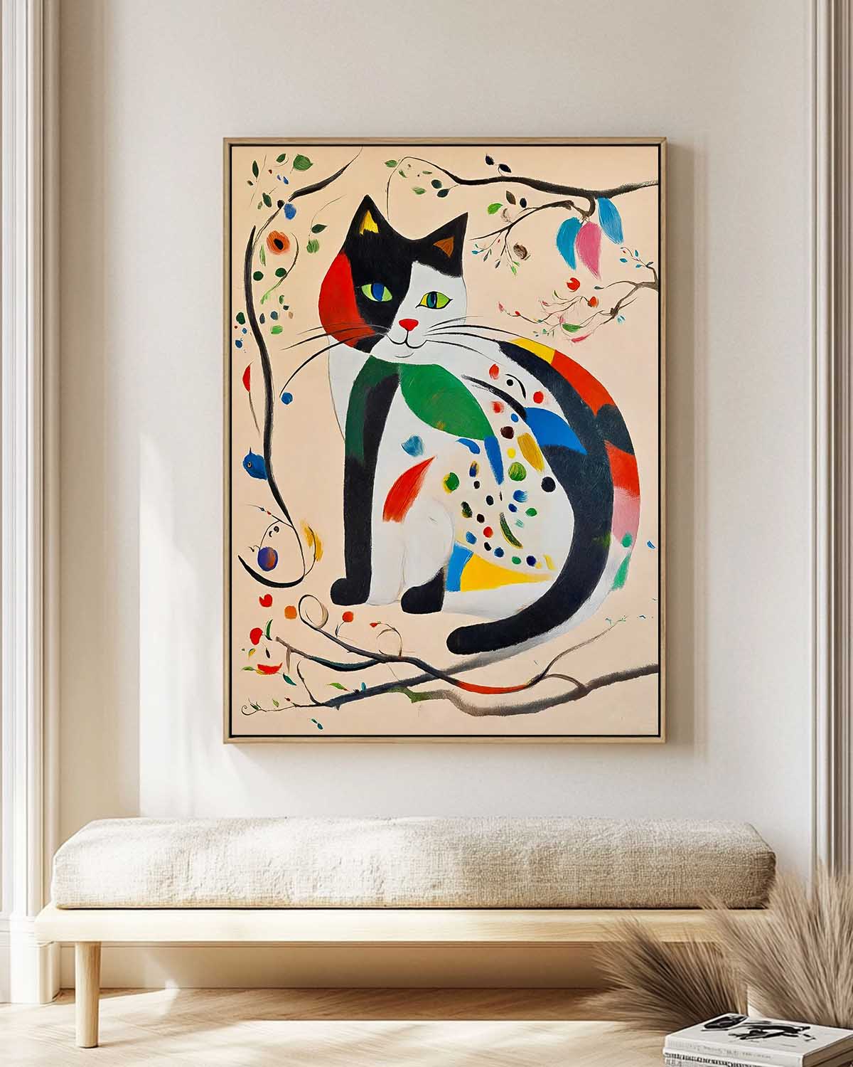 Whimsical Cat Oil Painting with Colorful Abstract Floral Accents